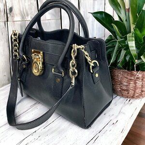 Michael Kors Medium Hamilton East West Satchel Black Saffiano Leather Gold HW
